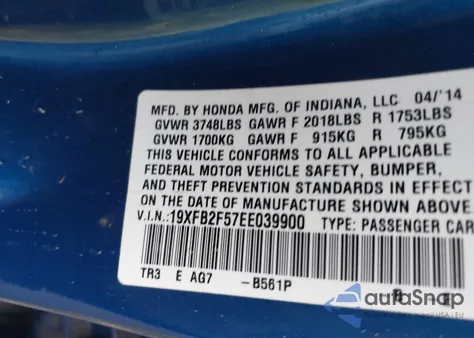 2014 Honda Civic Lx from USA, damaged, VIN 19XFB2F57EE039900